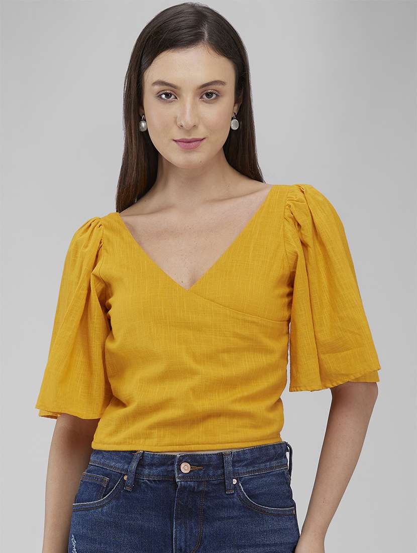 women solid puff sleeves crop top