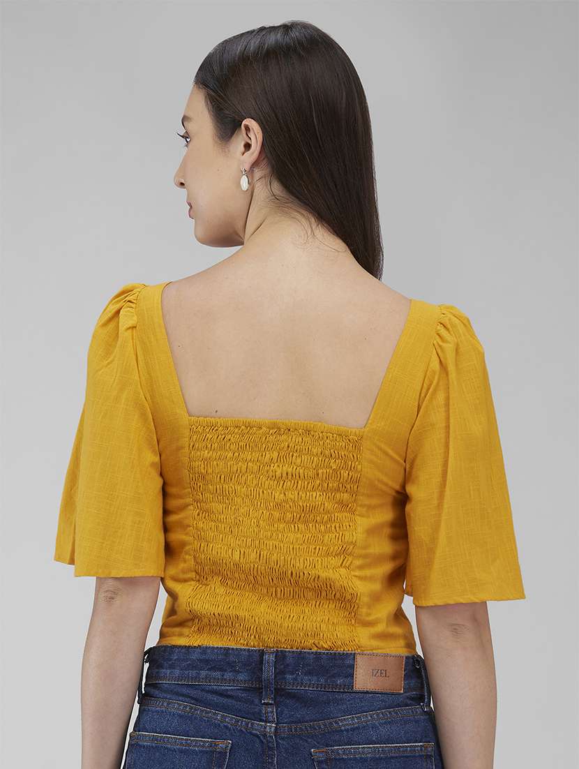women solid puff sleeves crop top - 21840797 - Standard Image - 2