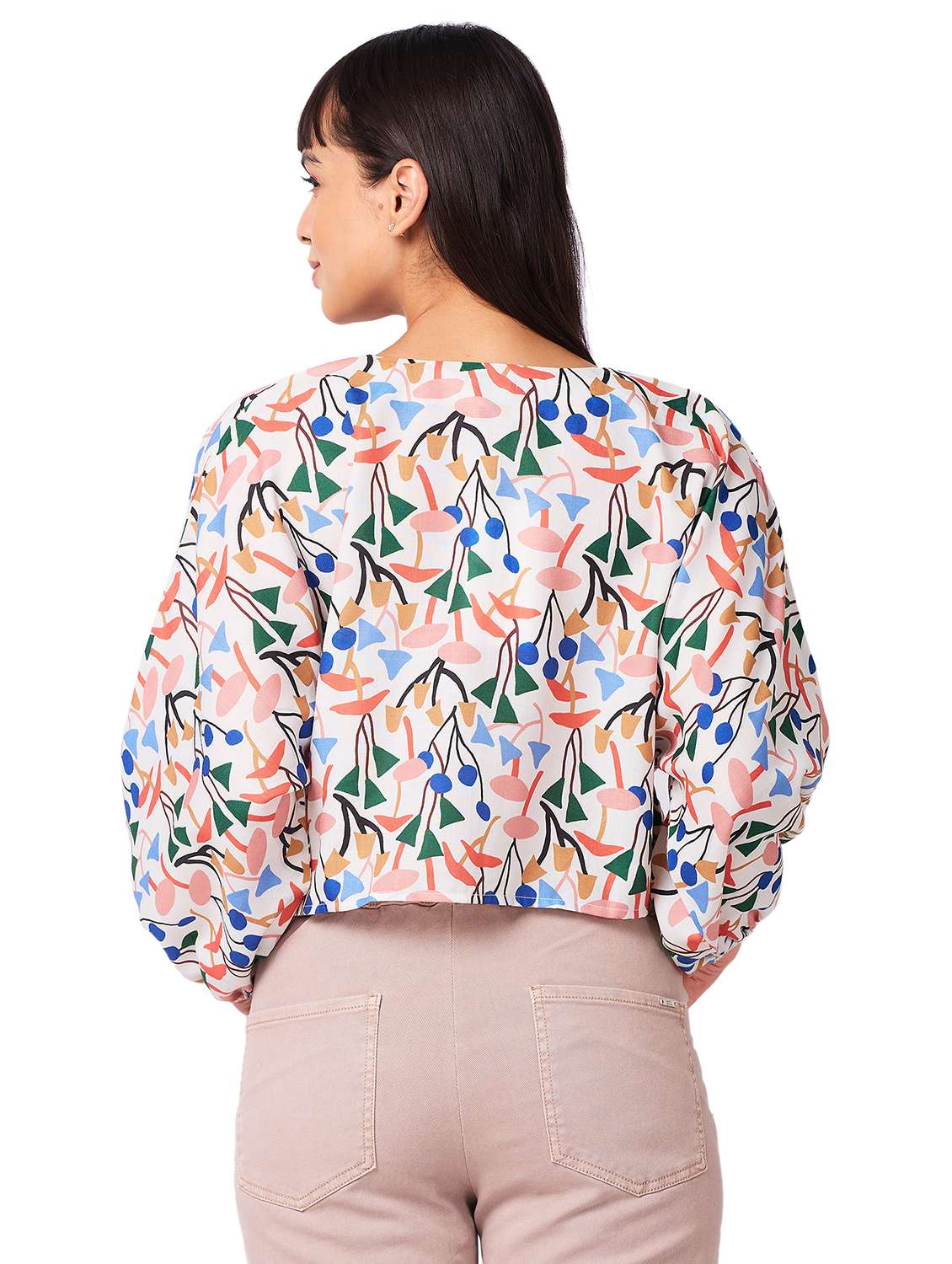 women printed puff sleeves ruched top - 21840804 -  Standard Image - 2