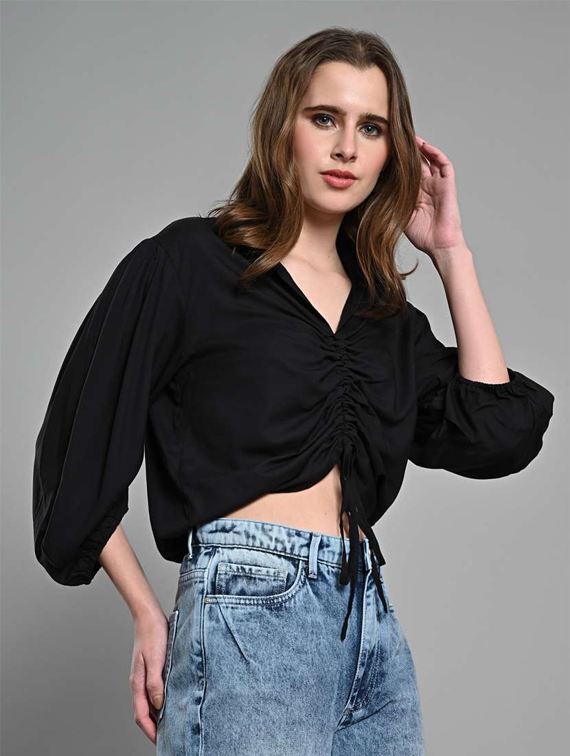 women solid puff sleeves ruched top - 21840806 -  Standard Image - 2