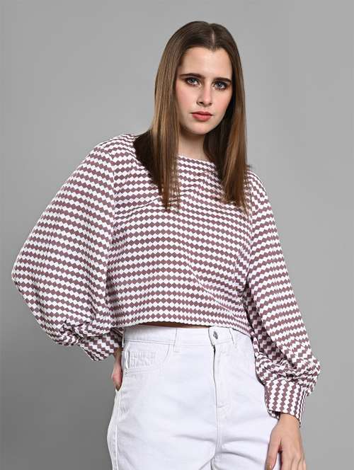 women checkered puff sleeves crop top - 21840809 - Standard Image - 0