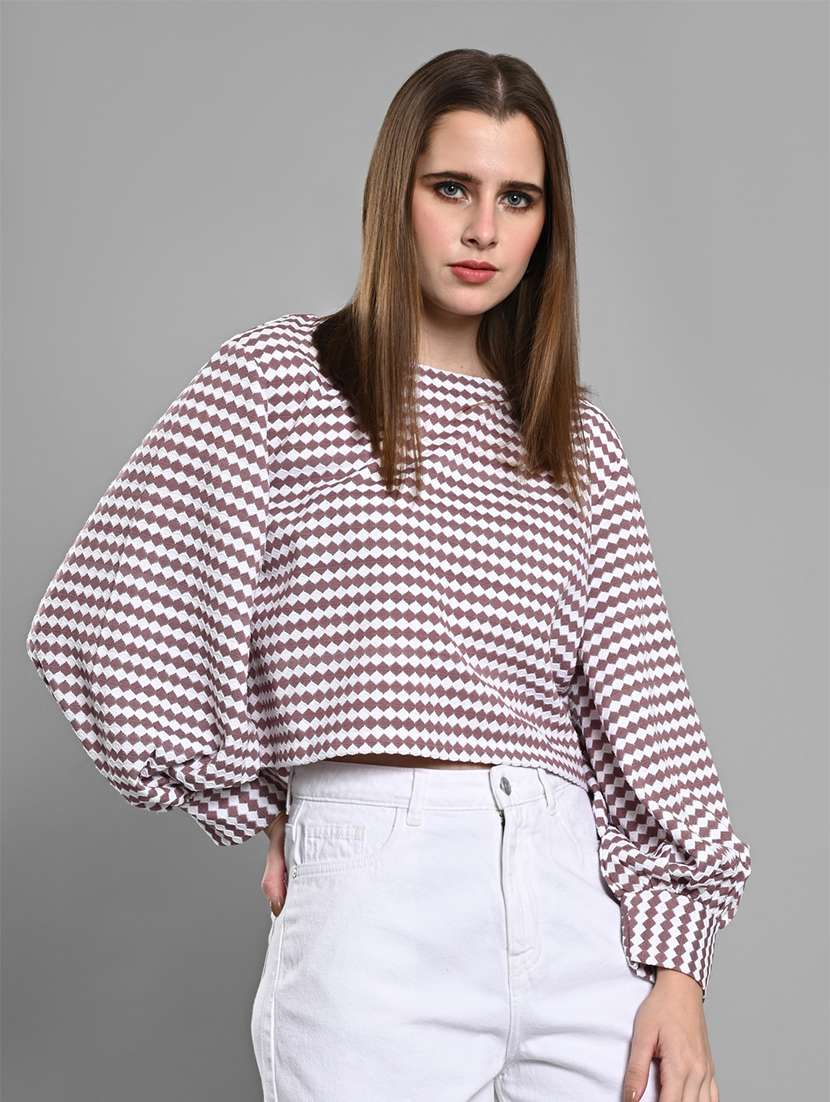 women checkered puff sleeves crop top - 21840809 - Zoom Image - 0