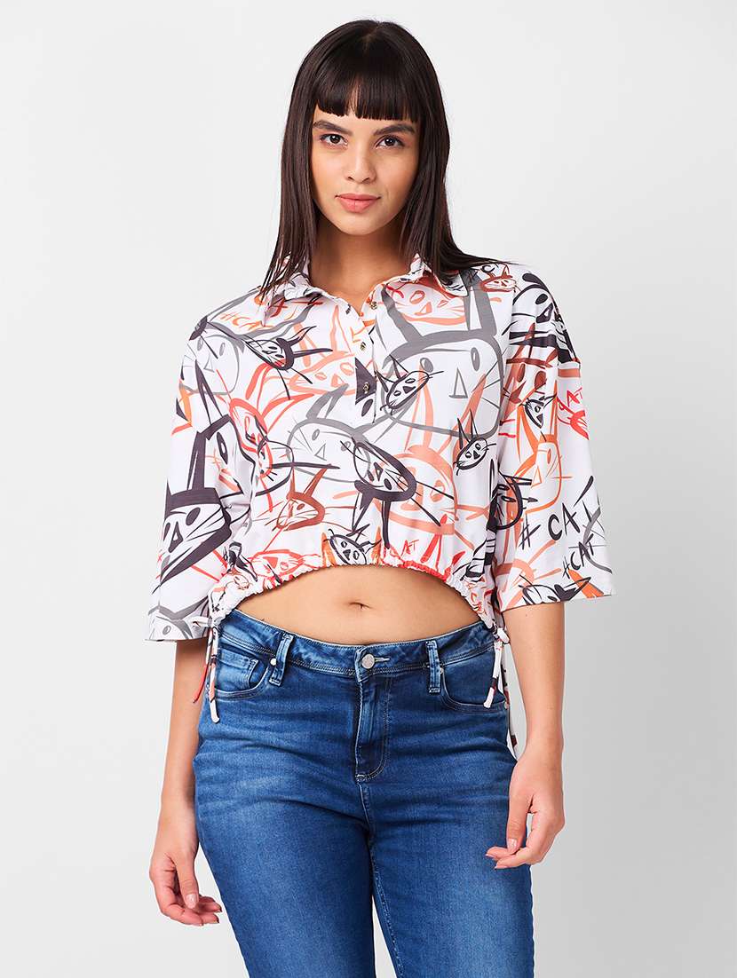 women printed short sleeves crop polo t-shirt