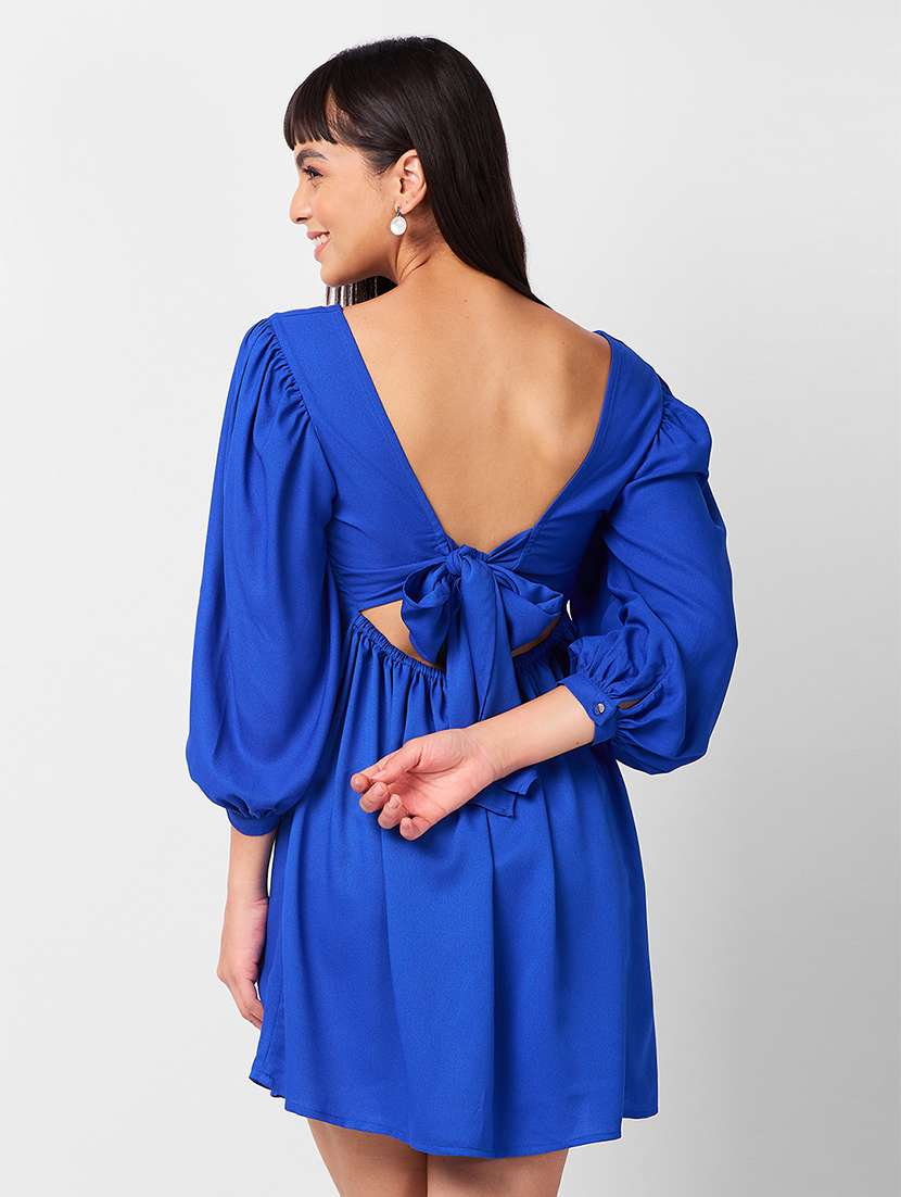 women solid puff sleeves a-line dress - 21840899 - Standard Image - 2