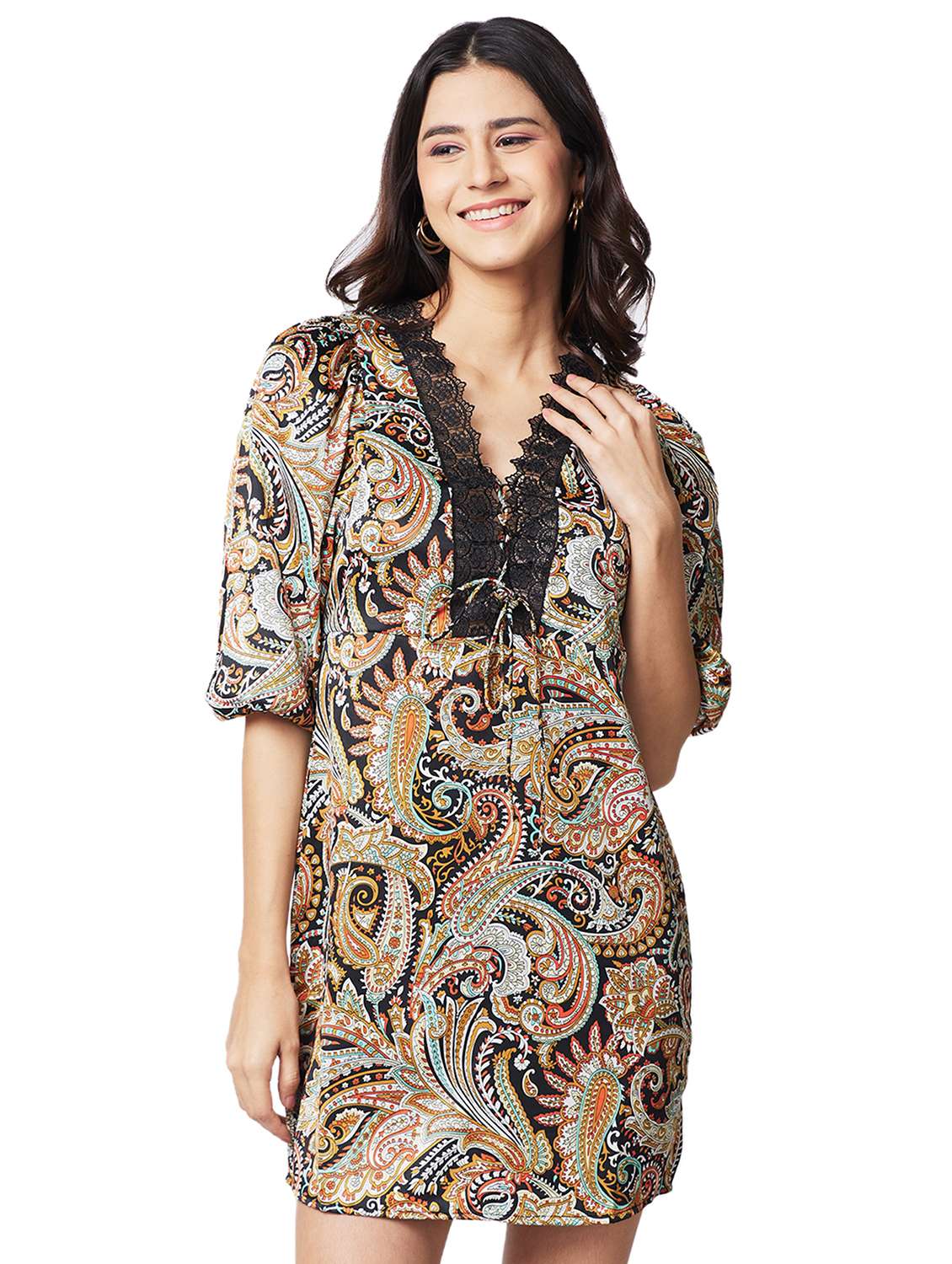 women printed lace detailed puff sleeves shift dress - 21840910 - Zoom Image - 0