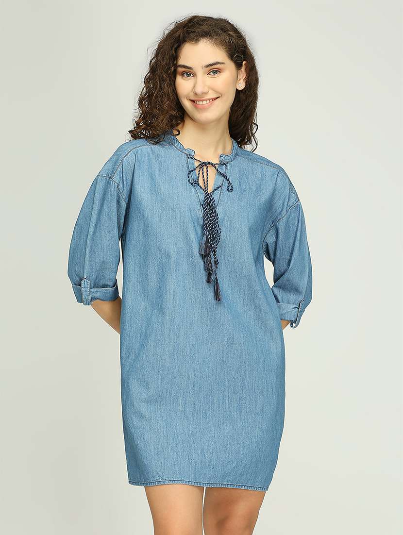 women solid roll up sleeves denim shift dress - 21840918 -  Zoom Image - 0