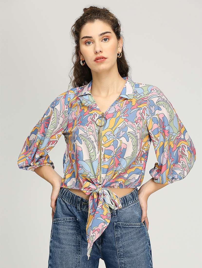 women printed puff sleeves crop top