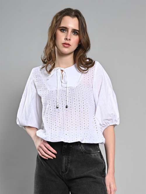 women puff sleeves schiffli regular top - 21840930 -  Standard Image - 0