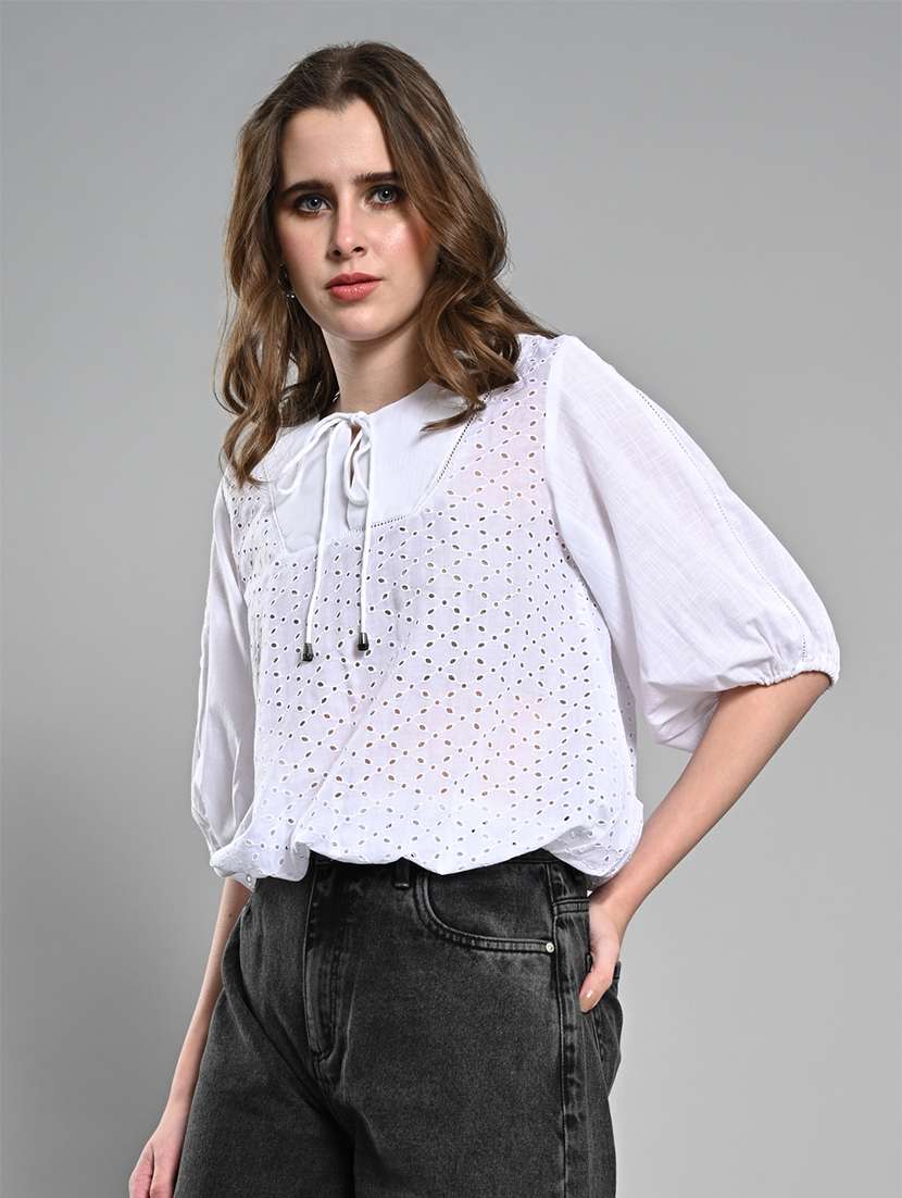 women puff sleeves schiffli regular top - 21840930 - Standard Image - 2
