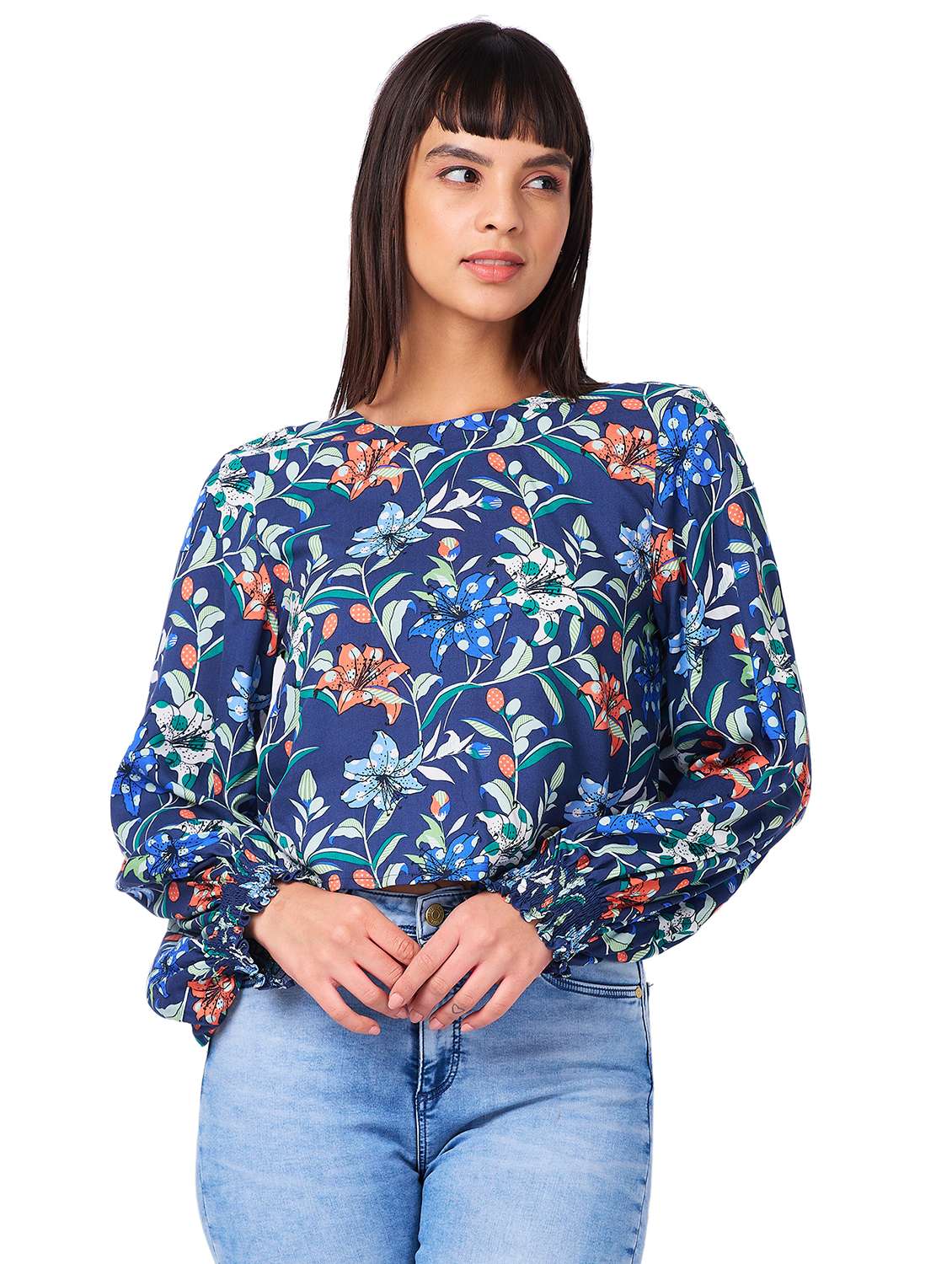 women floral printed long sleeves backless top - 21840933 -  Zoom Image - 0