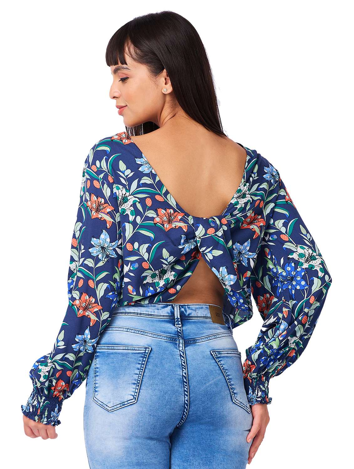 women floral printed long sleeves backless top - 21840933 - Standard Image - 2