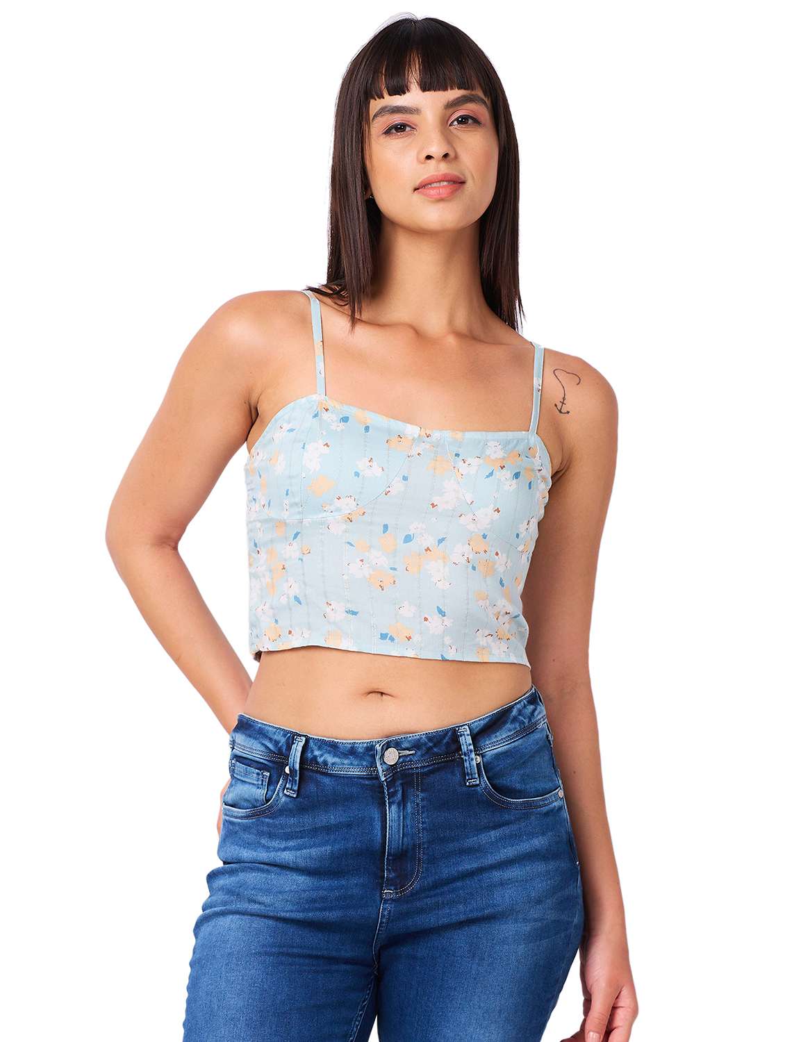 women printed shoulder strap crop top