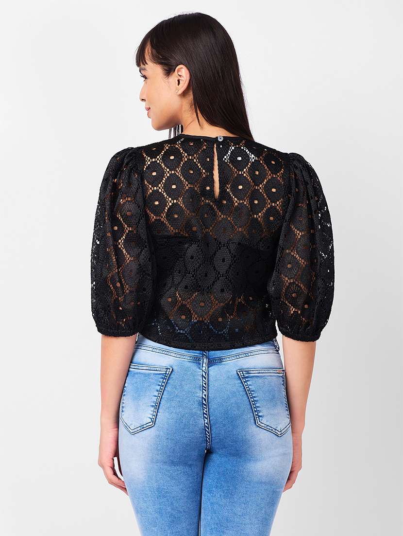 women laced puff sleeves crop top - 21840937 - Standard Image - 2