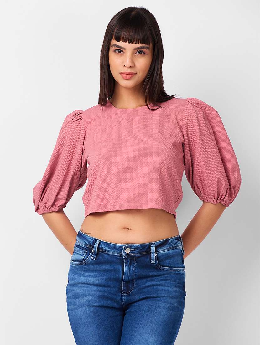 women solid puff sleeves crop top