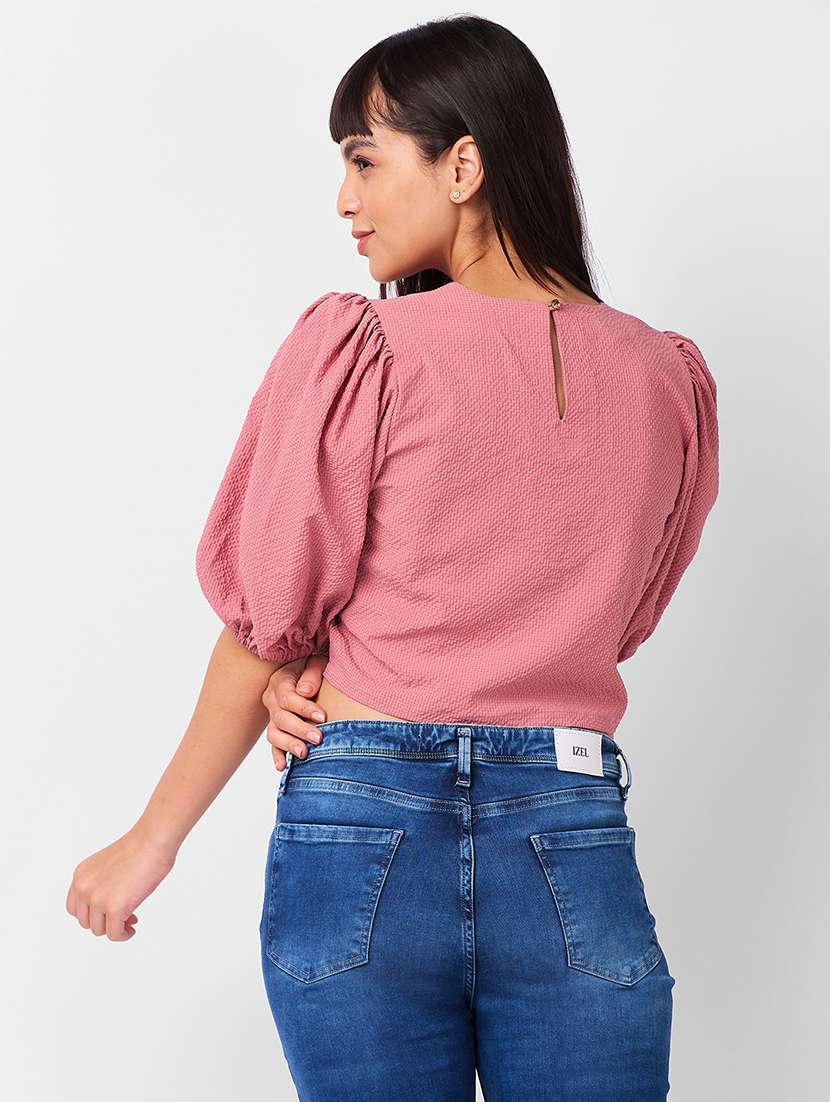 women solid puff sleeves crop top - 21840938 - Standard Image - 2