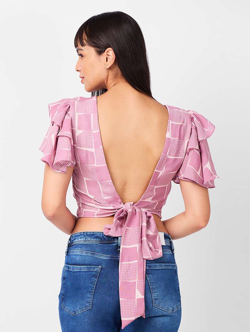 women ruffle sleeves printed crop backless top - 21840940 -  Standard Image - 2