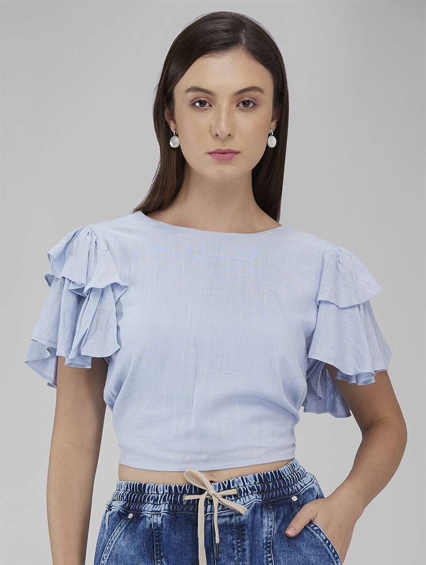 women solid ruffle sleeves crop backless top