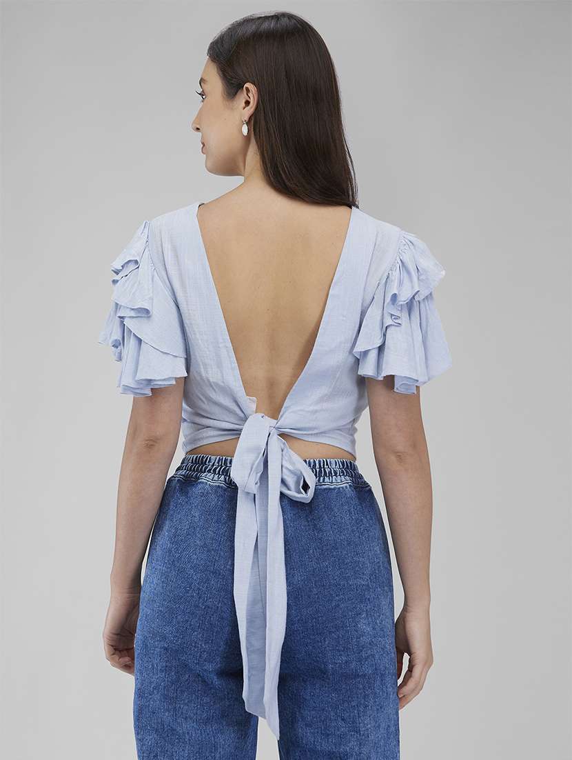 women solid ruffle sleeves crop backless top - 21840941 -  Standard Image - 2