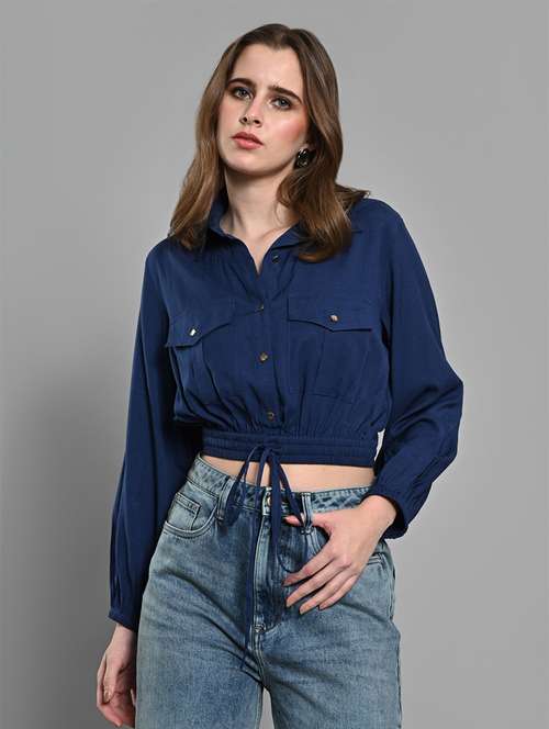 women solid long sleeves collared crop shirt - 21840947 -  Standard Image - 0