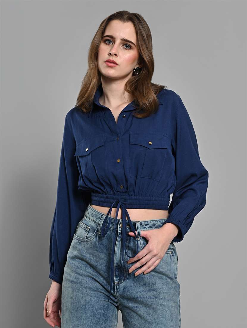 women solid long sleeves collared crop shirt - 21840947 -  Zoom Image - 0