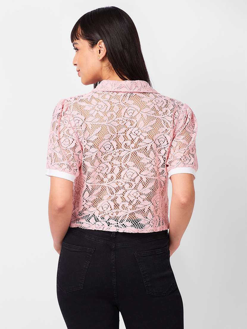 women laced puff sleeves crop top - 21840950 - Standard Image - 2