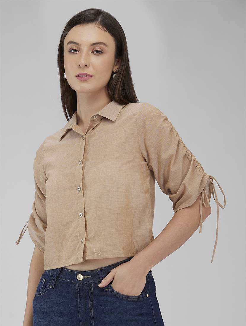 women solid collared ruched sleeves crop shirt