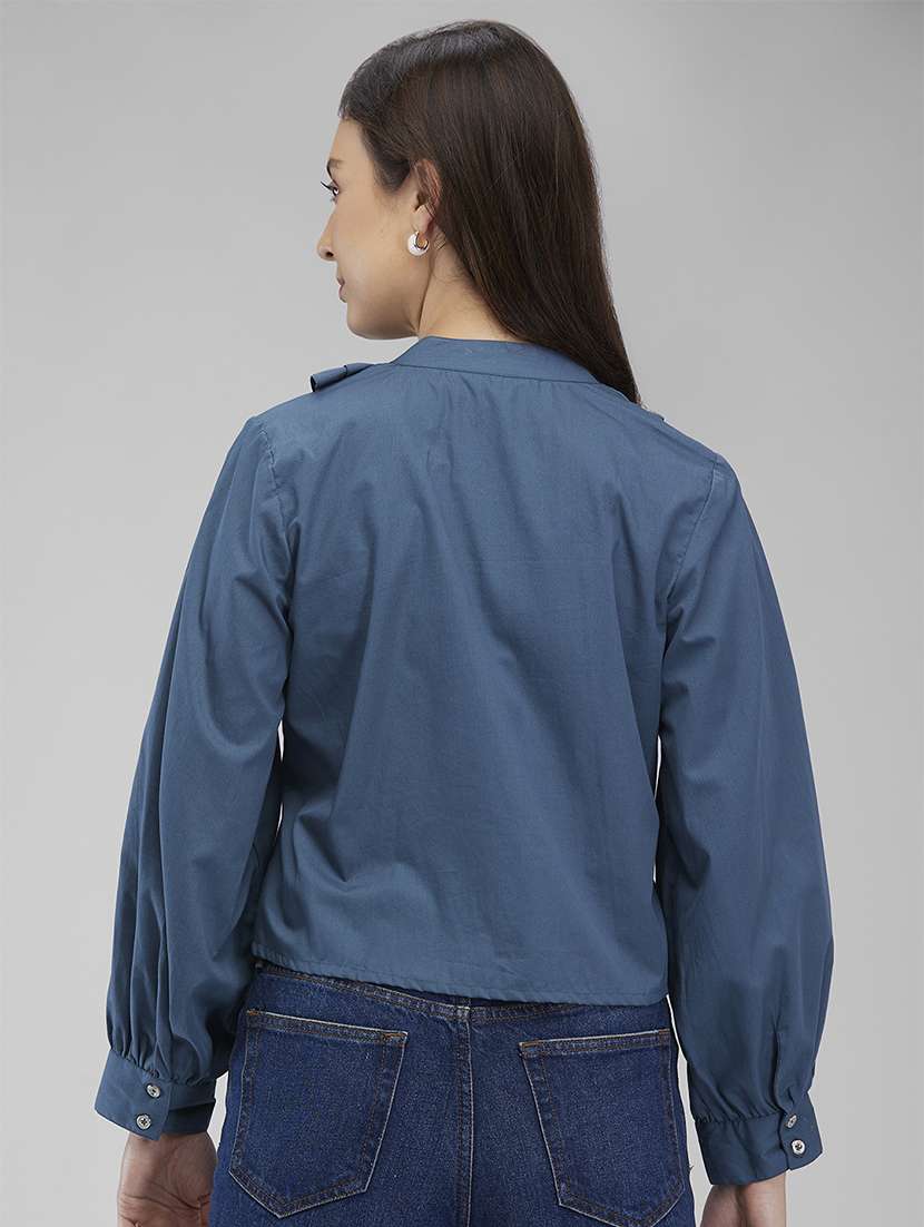 women solid puff sleeves crop top - 21840960 - Standard Image - 2