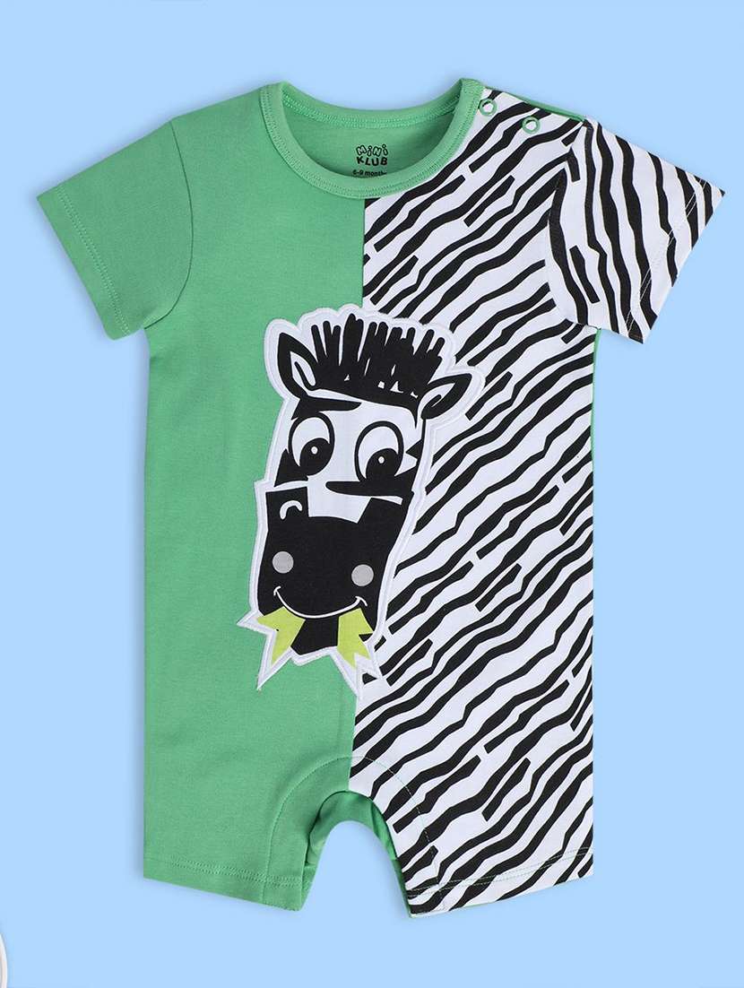 kids green printed round neck romper