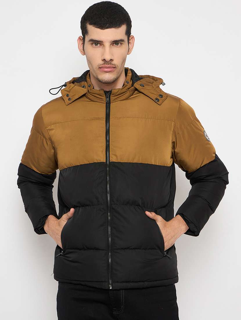 men color blocked long sleeves puffer jacket