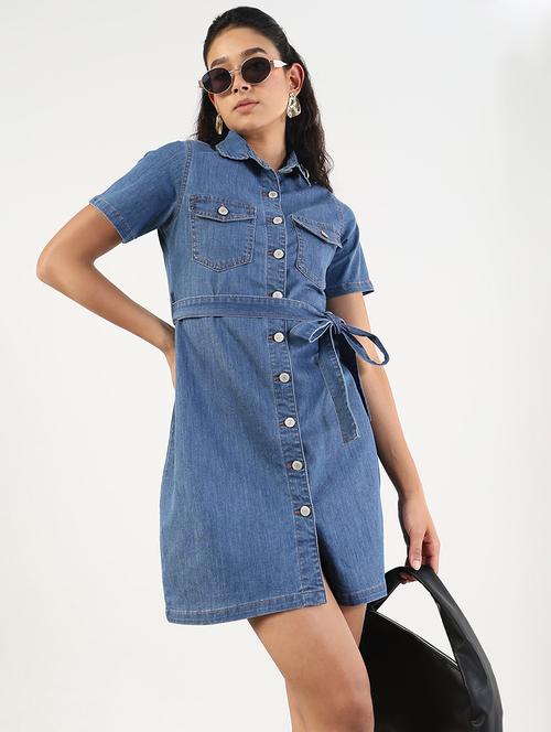women solid collared denim shirt dress - 21841489 - Standard Image - 0