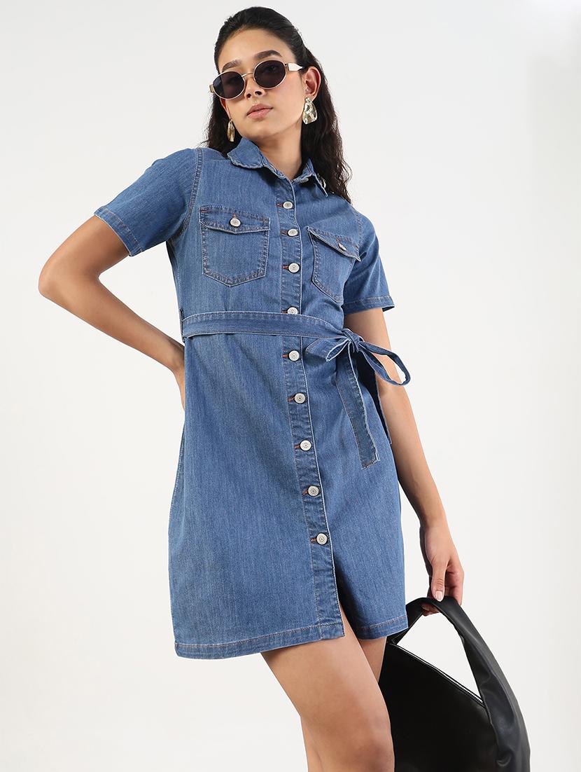 women solid collared denim shirt dress - 21841489 - Zoom Image - 0