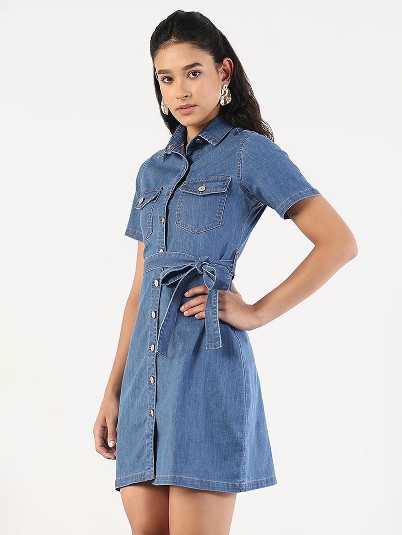 women solid collared denim shirt dress - 21841489 - Standard Image - 2