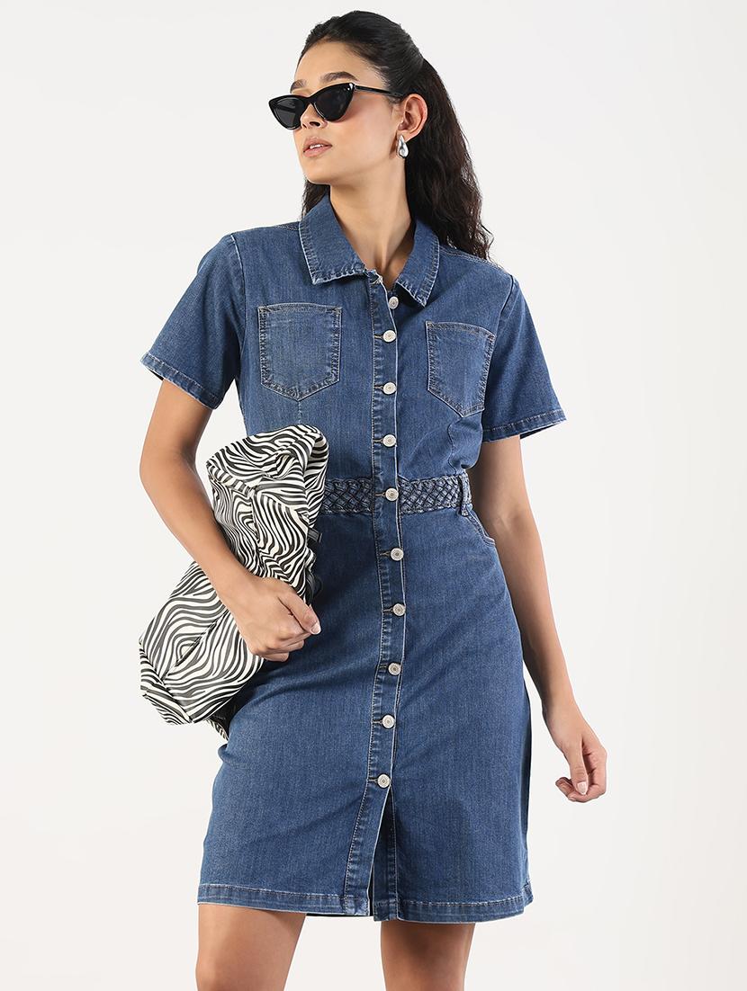 women solid collared denim shirt dress - 21841491 - Zoom Image - 0