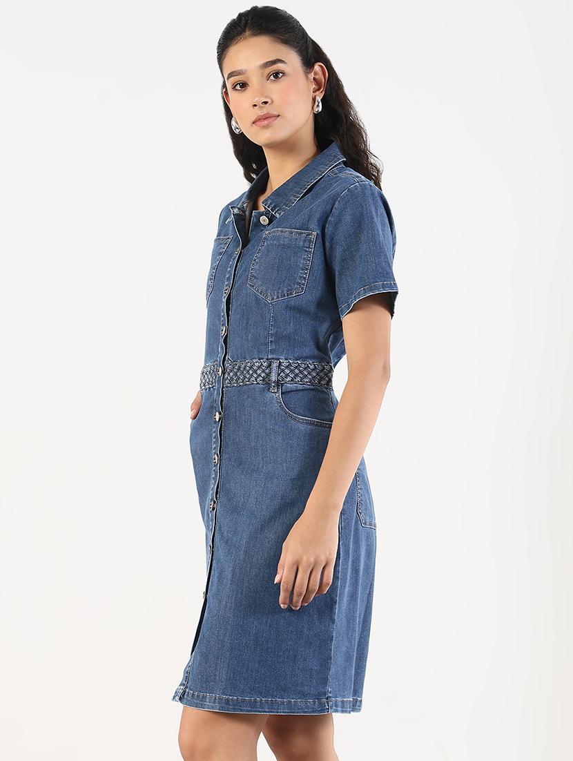 women solid collared denim shirt dress - 21841491 - Standard Image - 2