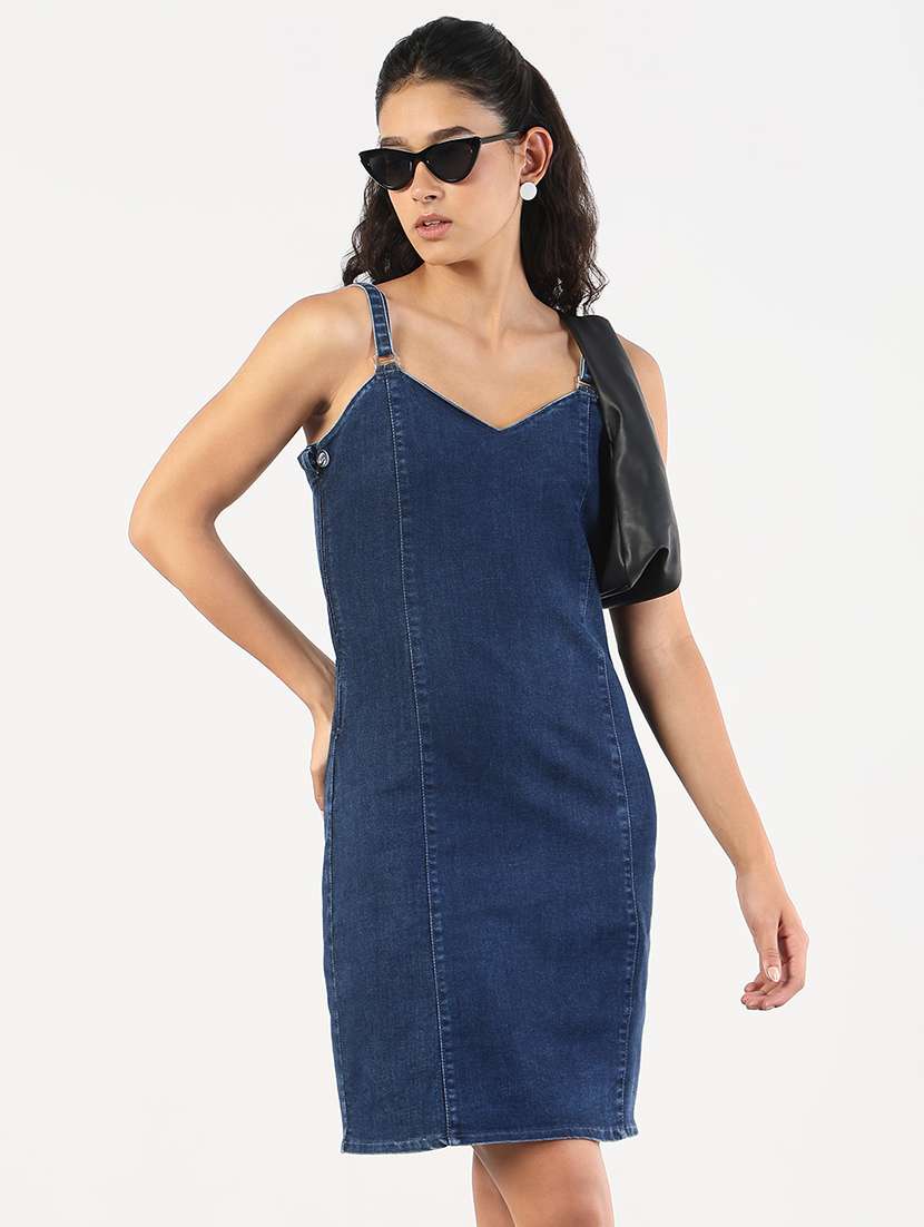 women solid shoulder strap denim sheath dress