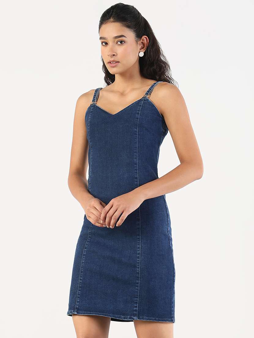 women solid shoulder strap denim sheath dress - 21841492 -  Standard Image - 2