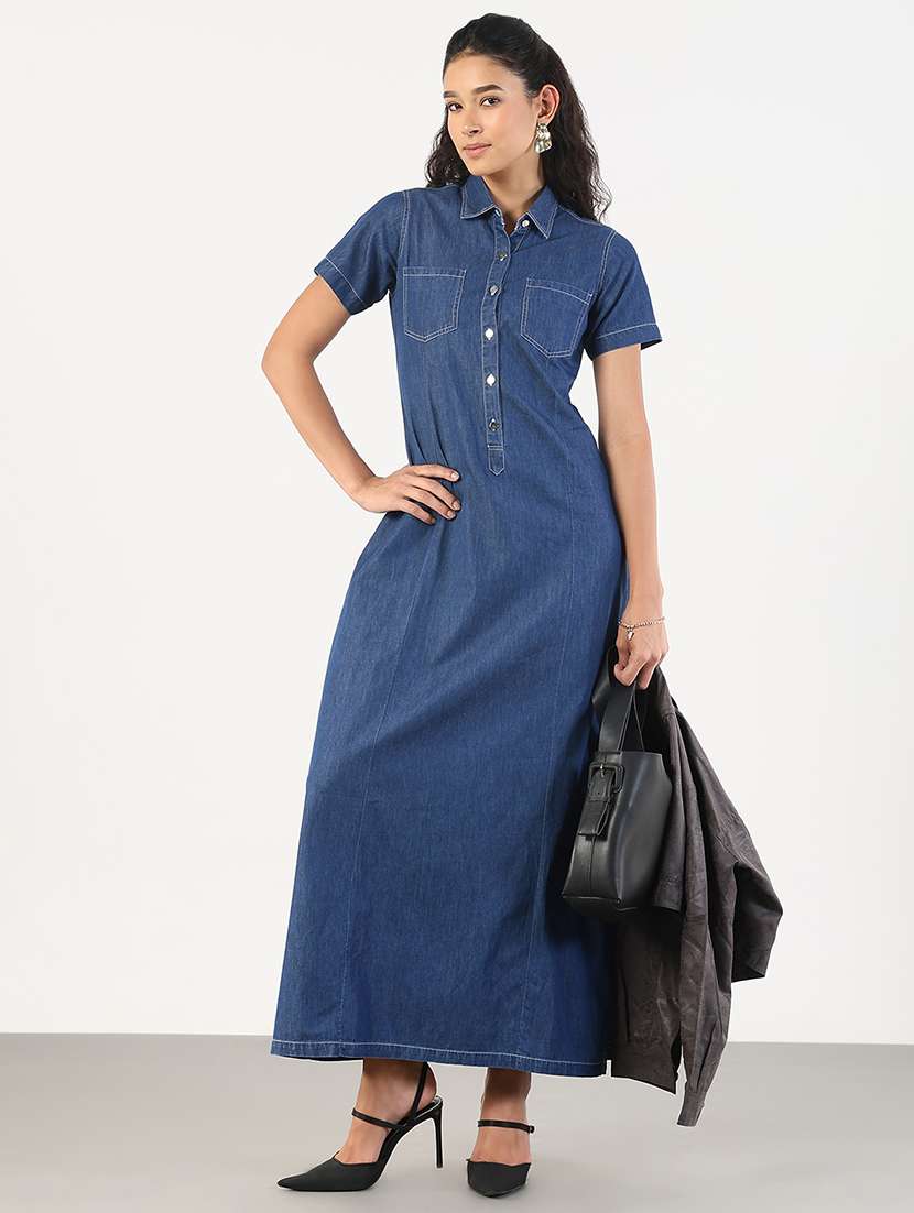 women solid collared denim a-line dress