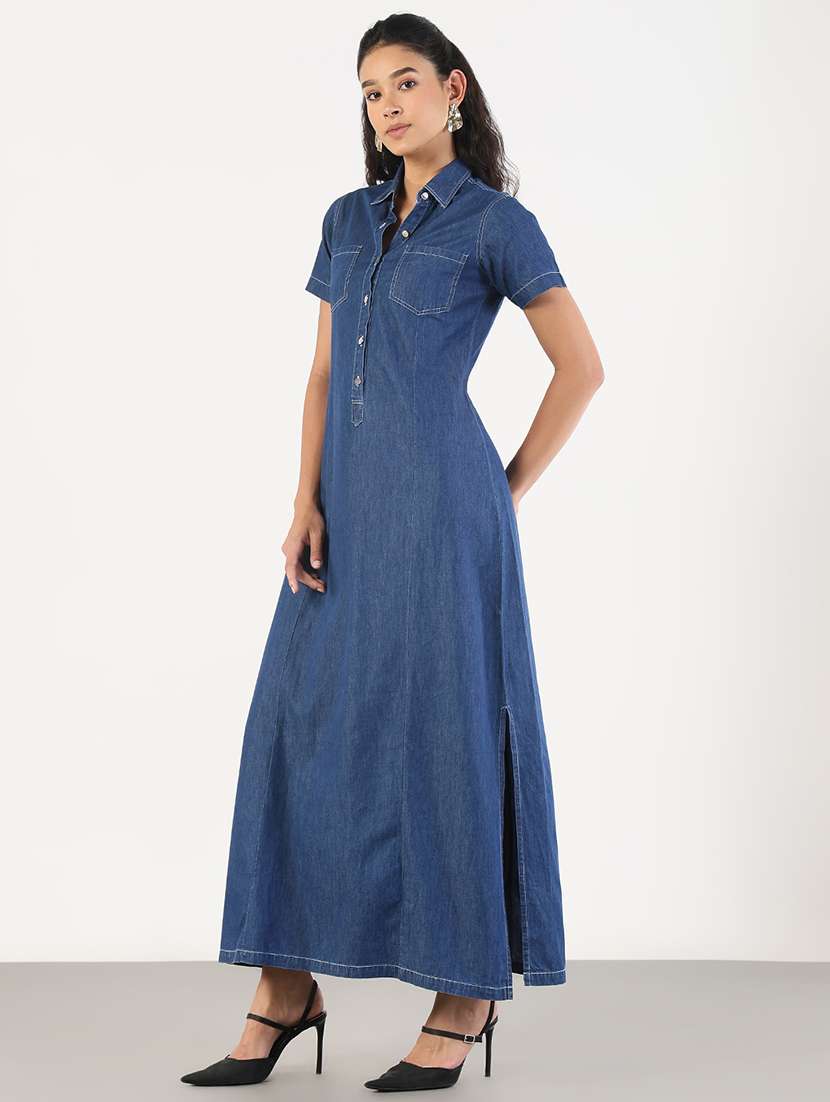 women solid collared denim a-line dress - 21841493 - Standard Image - 2