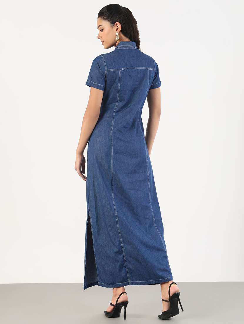 Women Solid Collared Denim A Line Dress