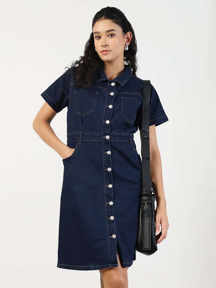 women solid collared denim shirt dress