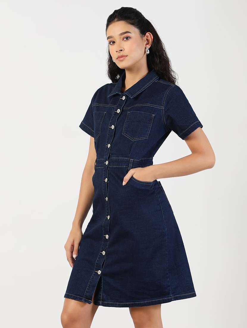 women solid collared denim shirt dress - 21841494 -  Standard Image - 2