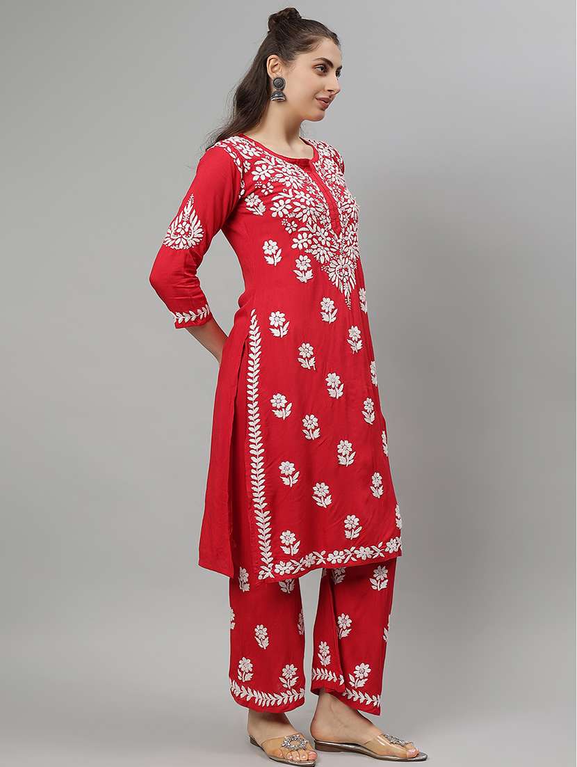 women chikankari three quarter sleeve kurta palazzo set - 21841509 -  Standard Image - 2