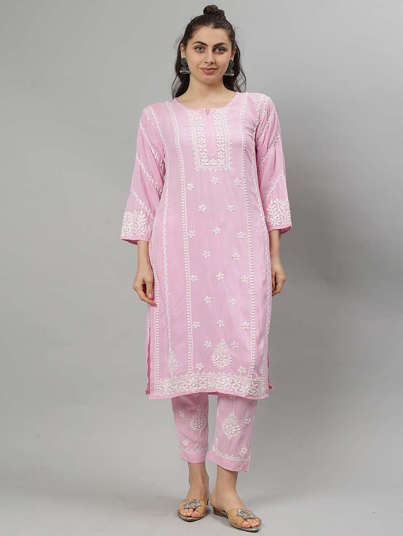 women chikankari three quarter sleeve kurta pant set