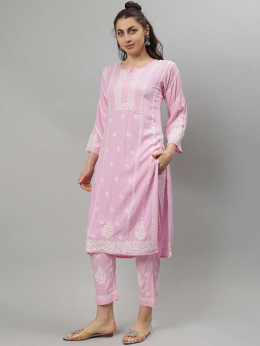 women chikankari three quarter sleeve kurta pant set - 21841511 -  Standard Image - 2