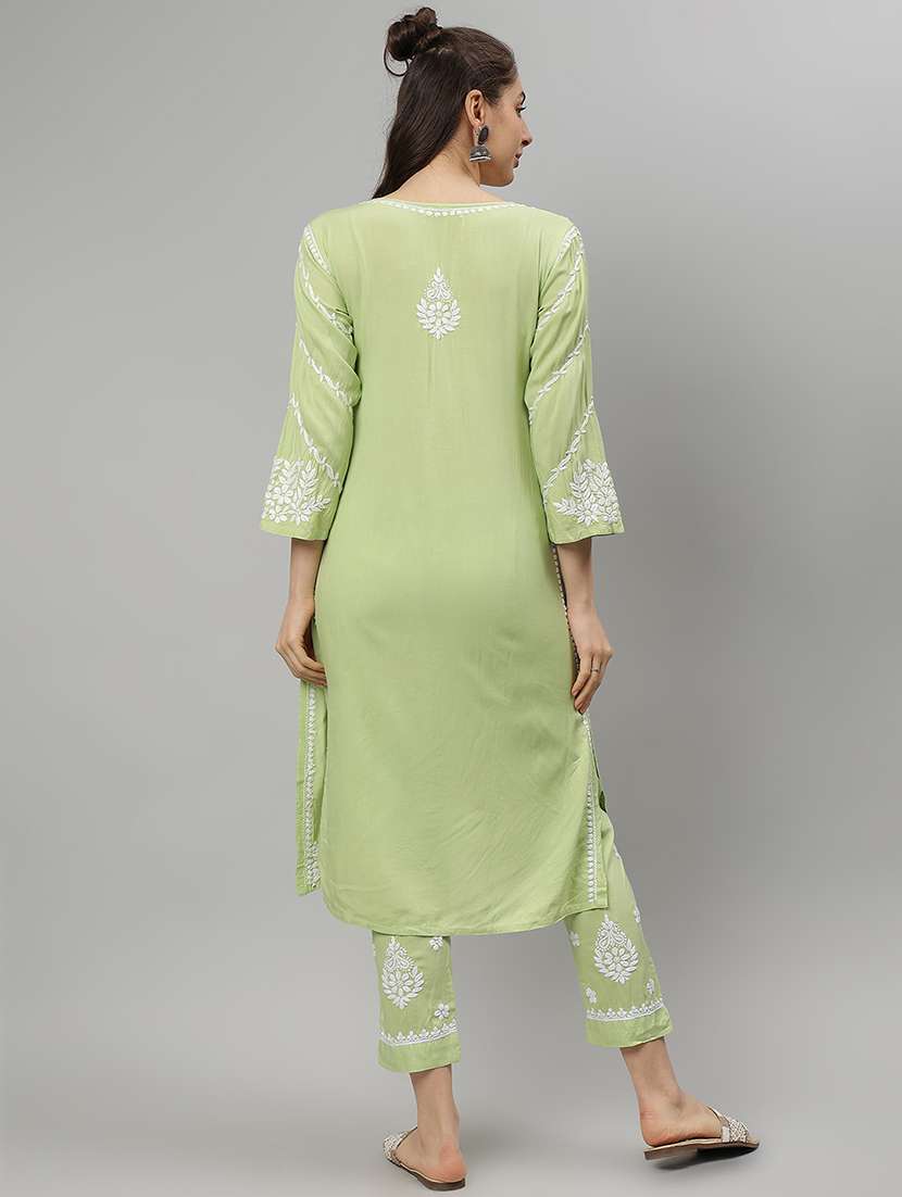women chikankari three quarter sleeve kurta pant set - 21841512 -  Standard Image - 2