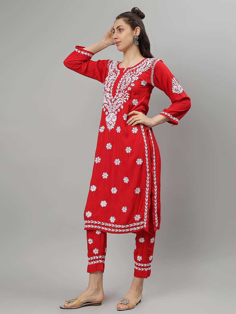 women chikankari three quarter sleeve kurta pant set - 21841516 -  Standard Image - 2