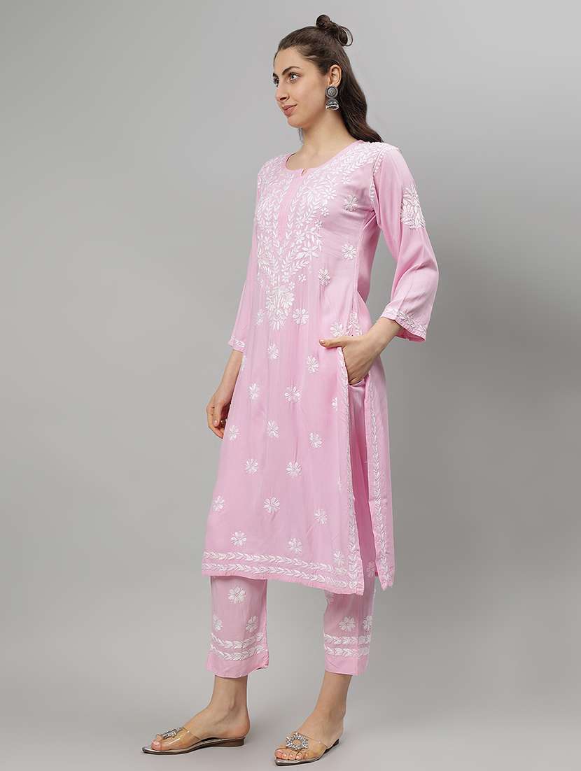 women chikankari three quarter sleeve kurta pant set - 21841520 -  Standard Image - 2
