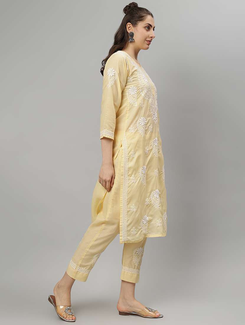women chikankari three quarter sleeve kurta pant set - 21841523 -  Standard Image - 2