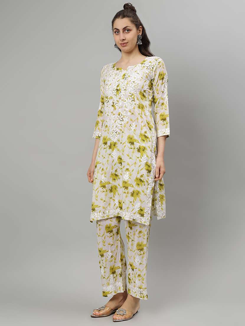 women chikankari three quarter sleeve kurta pant set - 21841528 -  Standard Image - 2