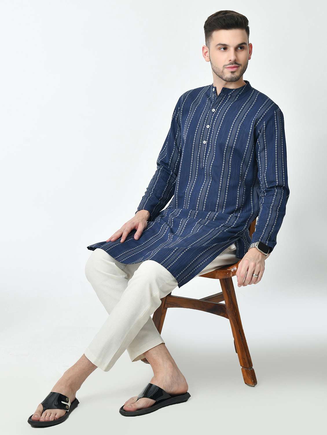 men striped mandarin neck long kurta